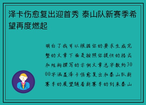 泽卡伤愈复出迎首秀 泰山队新赛季希望再度燃起