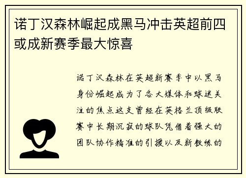 诺丁汉森林崛起成黑马冲击英超前四或成新赛季最大惊喜
