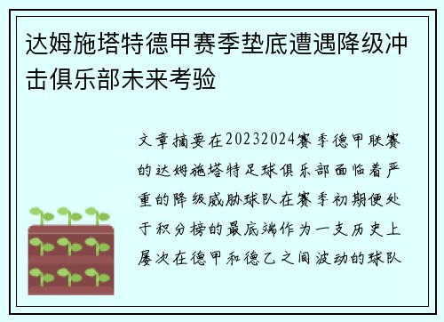 达姆施塔特德甲赛季垫底遭遇降级冲击俱乐部未来考验