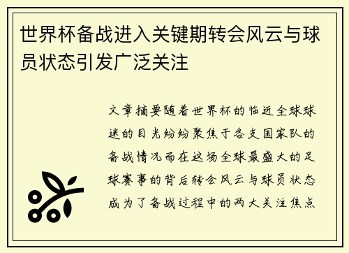 世界杯备战进入关键期转会风云与球员状态引发广泛关注